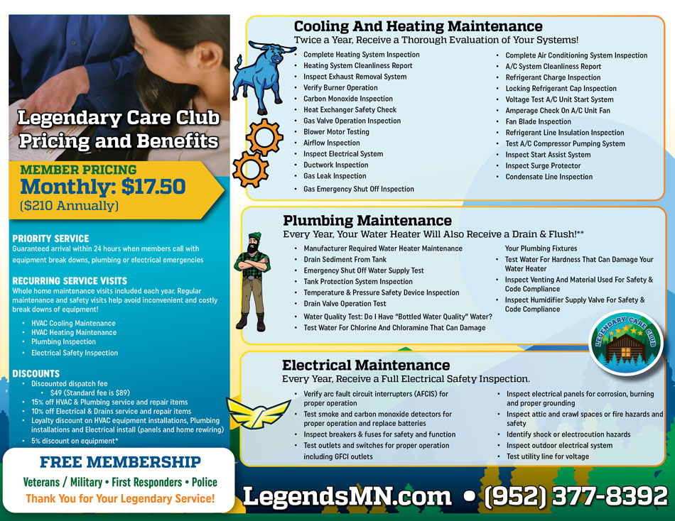 Legendary Care Club Pricing and Benefits - Paul Bunyan Plumbing in Rochester, MN