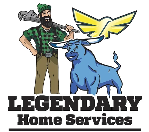 Legendary Home Services mascot illustration with Paul Bunyan and Blue Ox