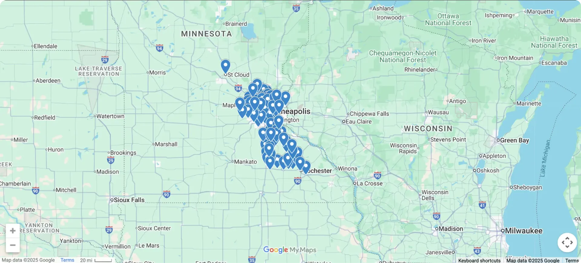Map of Minneapolis and areas that Blue Ox services