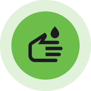 Green hand with water droplet icon on circular background
