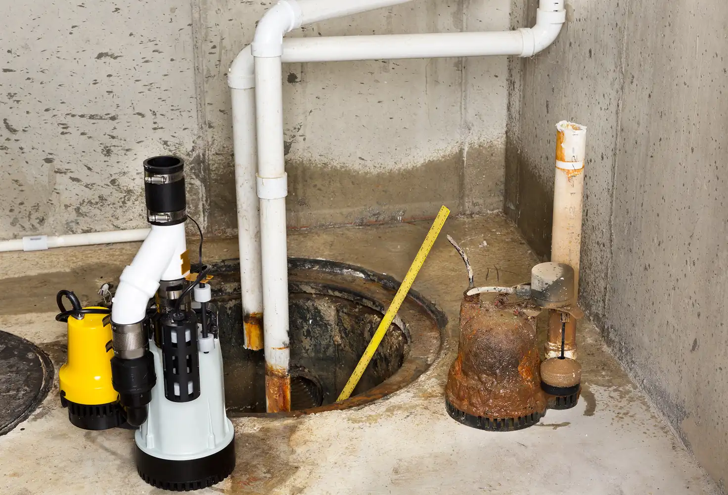 Sump pump system installed in basement pit