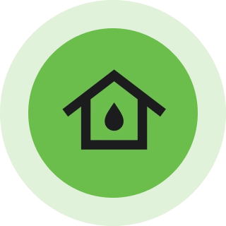 Green home with water droplet icon on circular background